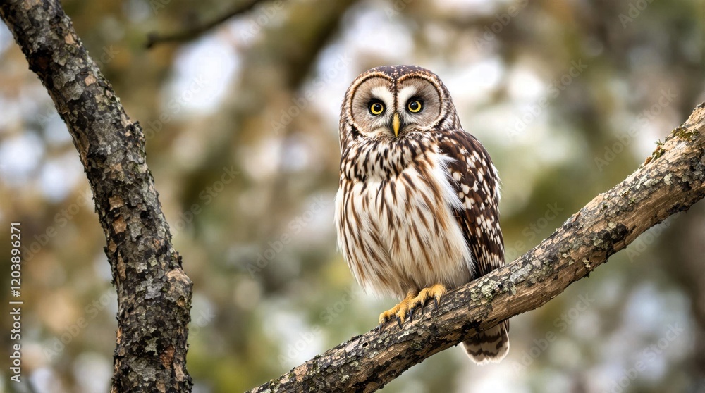 A hyper-detailed owl resting on a mossy branch, soft blurred forest background A hyper-detailed owl resting on a mossy branch, soft blurred forest background