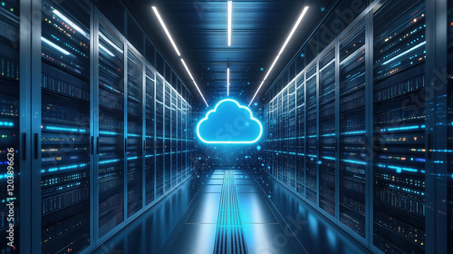 Futuristic cloud computing technology with glowing servers in data center hallway
