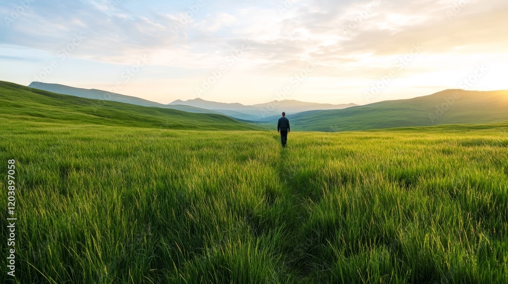 Fototapeta premium Serene Highland Moor with Lush Green Nature and Scenic Landscape at Sunset