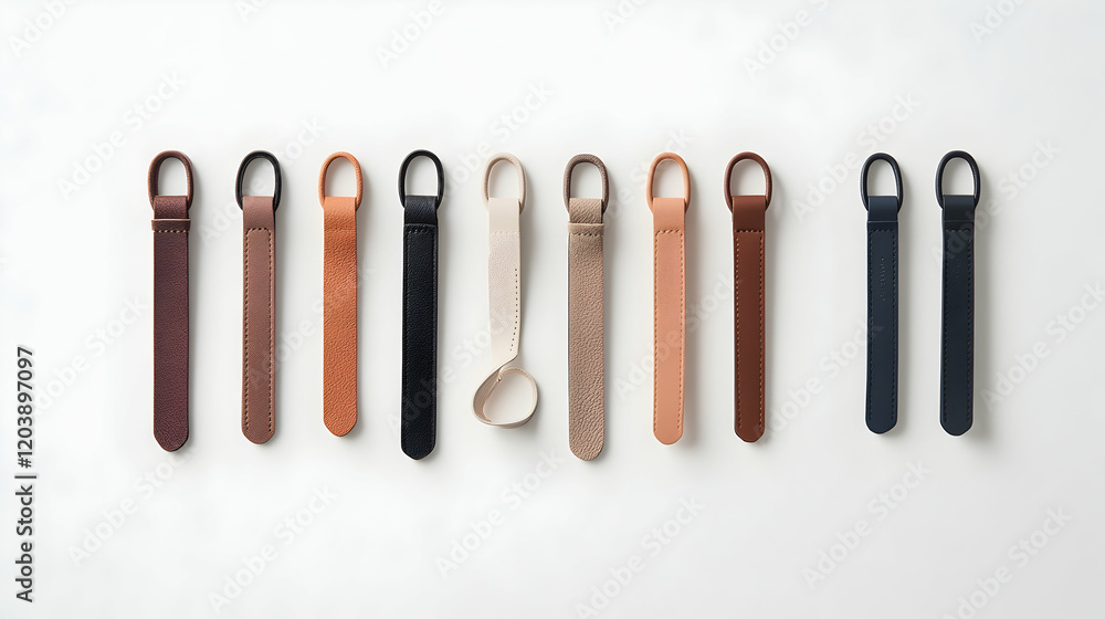 Leather keychains in various colors arranged on white background; perfect for online shop product photography Leather keychains in various colors arranged on white background; perfect for online shop product photography