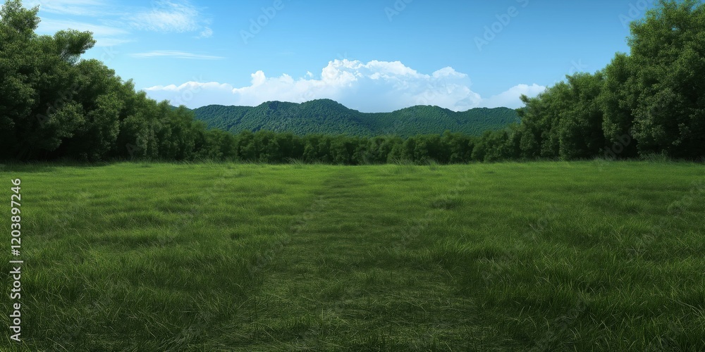 A vast green field framed by trees stretches towards distant hills under a bright blue sky and fluffy clouds. A vast green field framed by trees stretches towards distant hills under a bright blue sky and fluffy clouds.