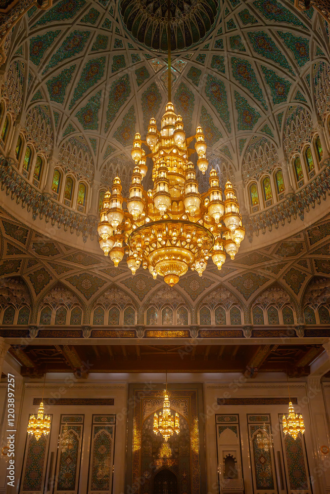 Obraz premium Oman, Muscat , the gigantic chandelier hung high over the men's prayer hall of the Qaboos Grand Mosque