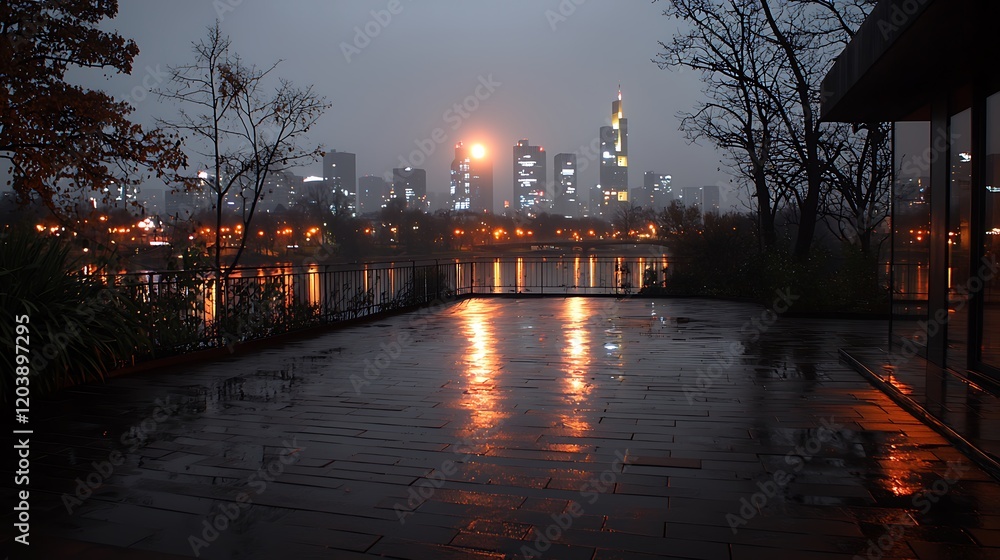 Fototapeta premium Nighttime cityscape with reflections on wet pavement, showcasing illuminated skyline and serene water