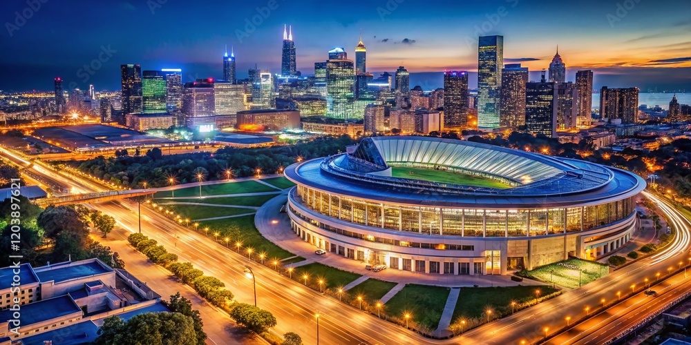 Obraz premium Night Aerial View of Chicago's Soldier Field Stadium and Cityscape