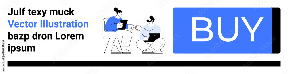 Business professionals using tablets, beside a large blue Buy button and placeholder text elements. Ideal for business, technology, teamwork, commerce, digital marketing, e-commerce, and landing Business professionals using tablets, beside a large blue Buy button and placeholder text elements. Ideal for business, technology, teamwork, commerce, digital marketing, e-commerce, and landing
