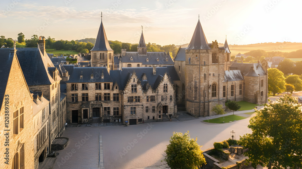 Obraz premium Majestic castle courtyard sunrise, scenic French countryside background, perfect for travel brochures