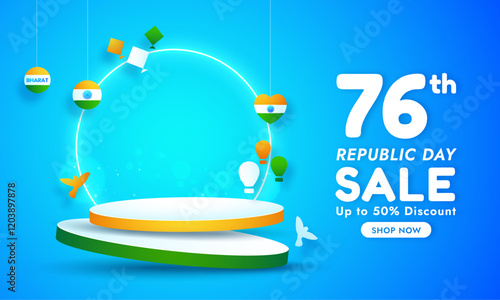 Happy Republic Day of India biggest sale banner, poster and web header design on tricolor pedestal podium concept.