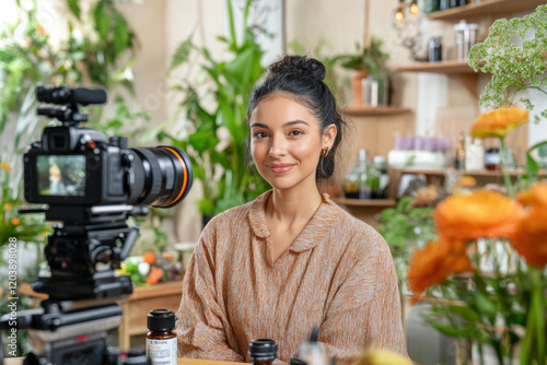 Hispanic Woman Live Stream Health Products Setup photo