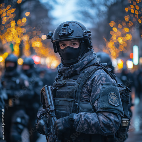 Law Enforcement Officer in Tactical Gear with Rifle photo