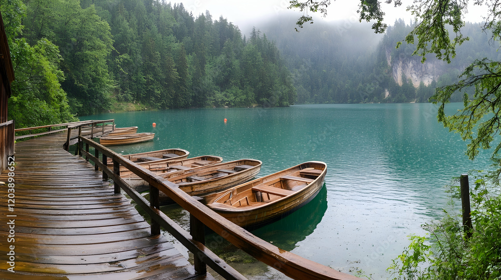 Obraz premium Misty mountain lake boats dock rain