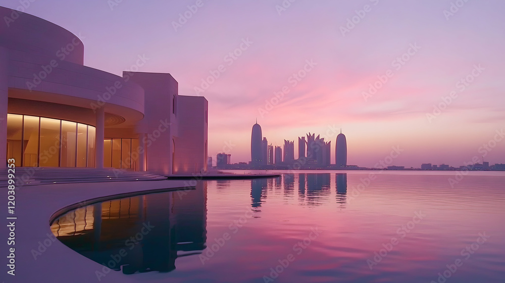 Obraz premium Modern villa sunrise waterfront city skyline reflection pool