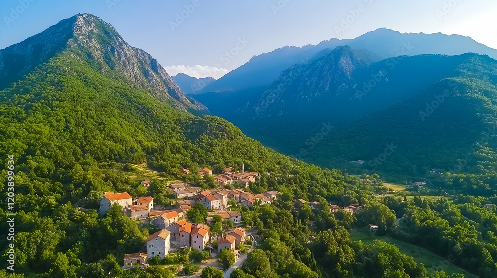 Mountain village aerial view, valley homes, summer sunrise, nature background, travel tourism Mountain village aerial view, valley homes, summer sunrise, nature background, travel tourism