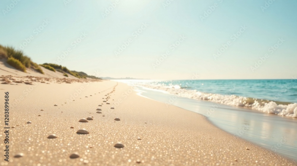 Peaceful Seashore Path A Serene Coastal Scene Featuring a Gentle Wave and a Trail of Smooth Pebbles on Golden Sand Peaceful Seashore Path A Serene Coastal Scene Featuring a Gentle Wave and a Trail of Smooth Pebbles on Golden Sand