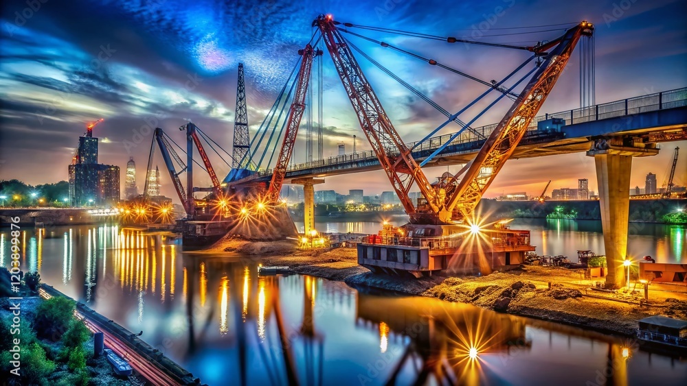 Naklejka premium Night Construction: Crawler Cranes Rebuilding Bridge Over River