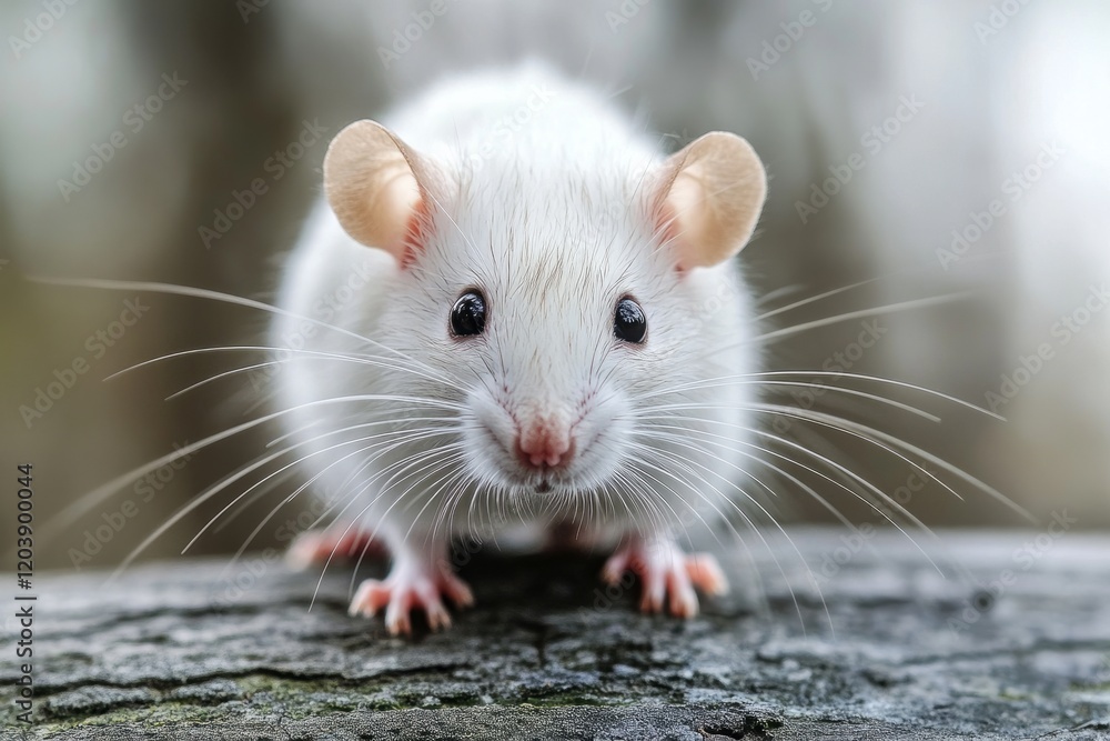Small white mouse standing on a tree branch in a forest Small white mouse standing on a tree branch in a forest