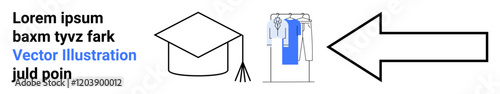 Graduation cap symbol, professional clothing on hangers, and a large arrow pointing right indicating progress. Ideal for education, career advancement, achievement, milestones, transition, success