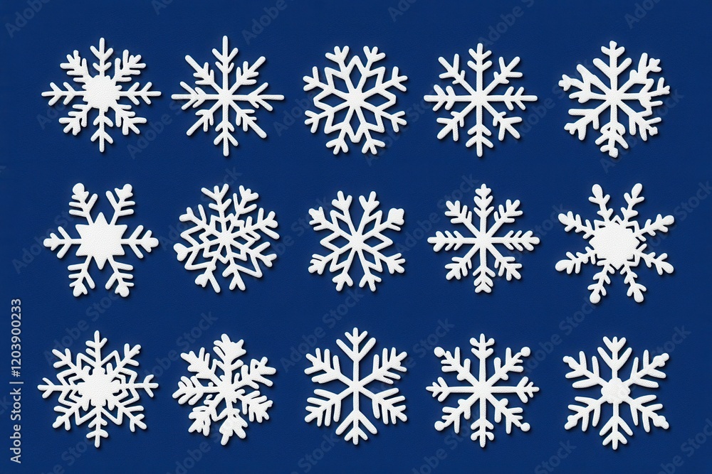 Elegant white snowflakes contrasting with a rich blue canvas, perfect for winter-themed graphics and holiday designs, enhancing cozy seasonal vibes and depicting frosty conditions Elegant white snowflakes contrasting with a rich blue canvas, perfect for winter-themed graphics and holiday designs, enhancing cozy seasonal vibes and depicting frosty conditions