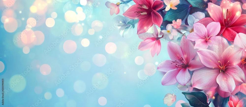 Delicate spring flowers on beautiful sparkling bokeh background with empty space for text Delicate spring flowers on beautiful sparkling bokeh background with empty space for text