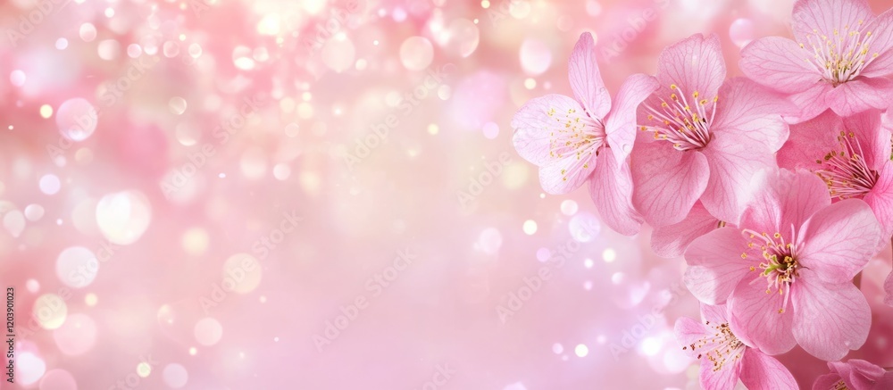 Delicate spring flowers on beautiful sparkling bokeh background with empty space for text Delicate spring flowers on beautiful sparkling bokeh background with empty space for text