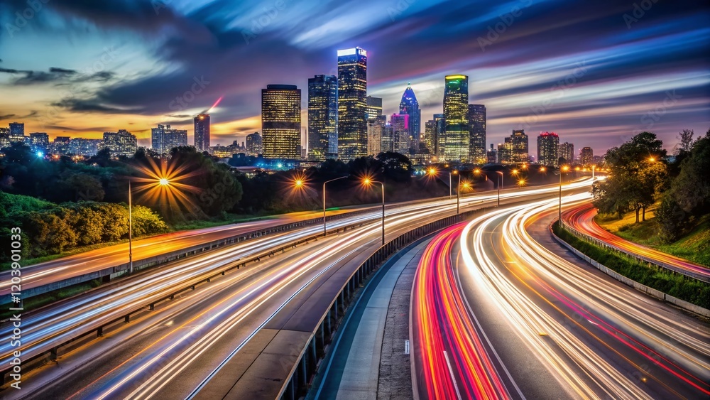 Obraz premium Night Lights Trail on 101 North Freeway, Long Exposure Cityscape Photography