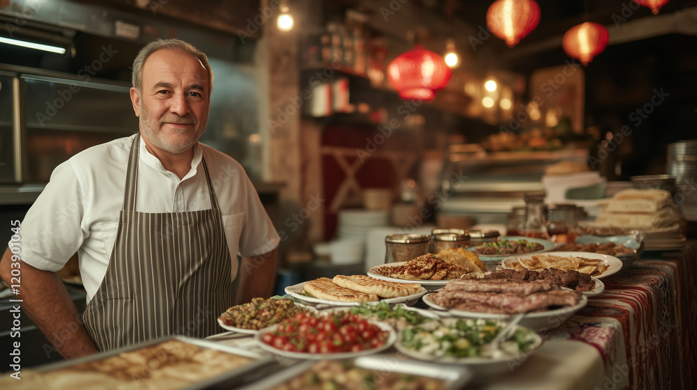 High-angle capture of a vibrant Ramadan feast, including Turkish dishes such as pide bread, lamb kebabs, meze platters, baklava, and tea served in glass cups. High-angle capture of a vibrant Ramadan feast, including Turkish dishes such as pide bread, lamb kebabs, meze platters, baklava, and tea served in glass cups.