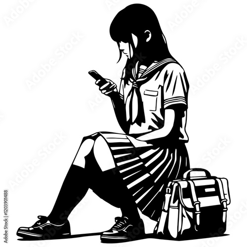 High School Female Student Use Cellphone Sketch Drawing.