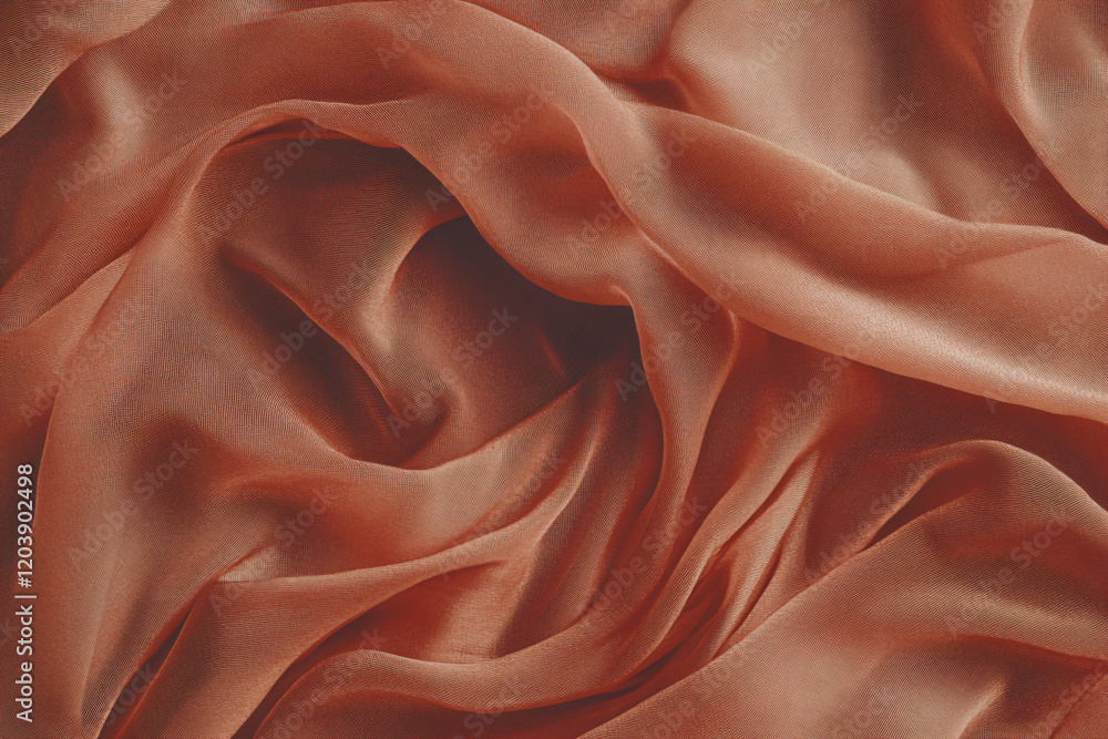 Fototapeta premium Transparent chiffon and silk fabric in brown or mocha mousse color. Light and airy waves, design template for trendy background, wallpaper and backdrops. Advertisement of sewing art and fashion
