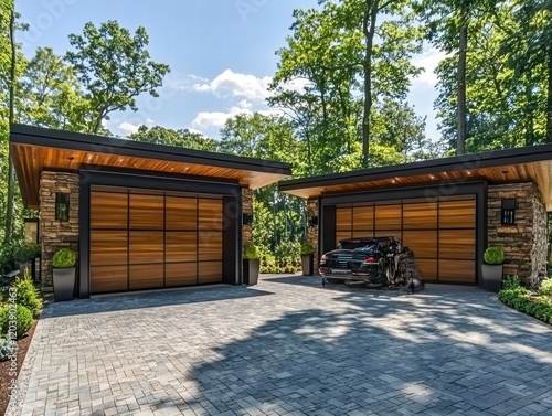 Modern Luxury Garage: Twin garages with sleek wooden doors and stone accents, showcasing modern architectural design and luxury living. A luxury car is parked in one of the garages. photo