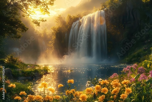 Obraz na płótnie a majestic waterfall cascades through misty morning light surrounded by lush vegetation and delicate cherry blossoms golden sunbeams piercing through the spray creating ethereal rainbow effects w salonie