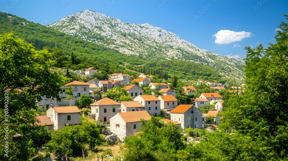 Fototapeta premium Picturesque mountain village, summer houses, lush greenery, idyllic background, travel postcard