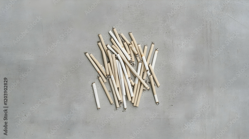 Pile of extinguished cigarettes on a grey surface; anti-smoking campaign image Pile of extinguished cigarettes on a grey surface; anti-smoking campaign image