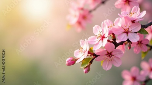 Delicate pink blossoms on a branch bathed in soft sunlight, a gentle breeze suggesting springtime's arrival