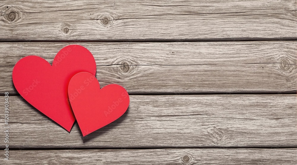 Two red paper hearts on aged wooden planks, rustic Valentine's Day theme, love and simplicity, hearts on wood with space for text Two red paper hearts on aged wooden planks, rustic Valentine's Day theme, love and simplicity, hearts on wood with space for text