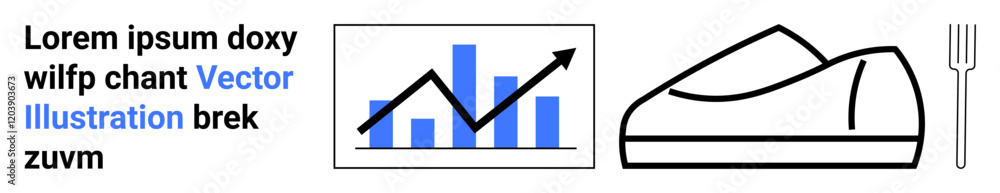 Bar chart with an upward arrow, a minimalist shoe outline, and a simple fork. Ideal for data analysis, footwear design, dining concepts, minimalism, modern design, infographics, presentations Bar chart with an upward arrow, a minimalist shoe outline, and a simple fork. Ideal for data analysis, footwear design, dining concepts, minimalism, modern design, infographics, presentations