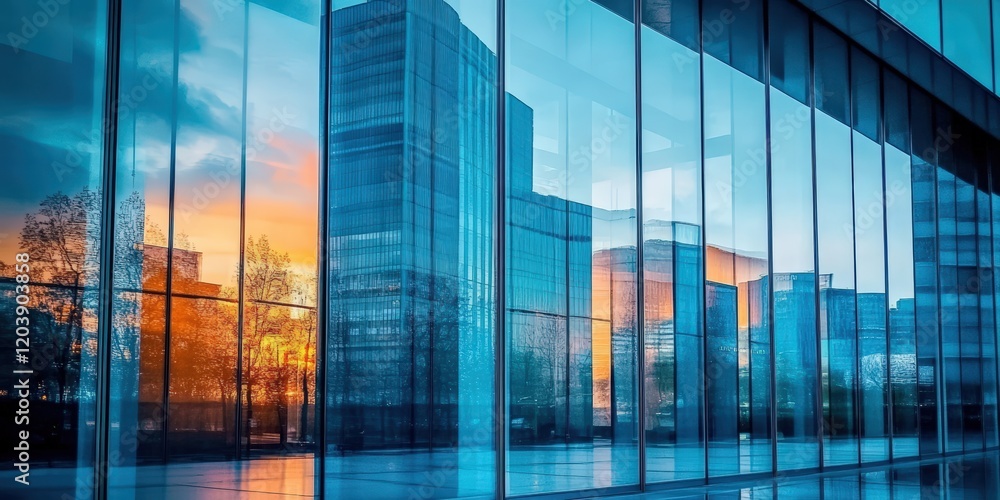 Reflection of Modern Architecture in Glass Facade with City Skyline at Sunset, Creating a Stunning Visual Experience in Urban Landscape Reflection of Modern Architecture in Glass Facade with City Skyline at Sunset, Creating a Stunning Visual Experience in Urban Landscape