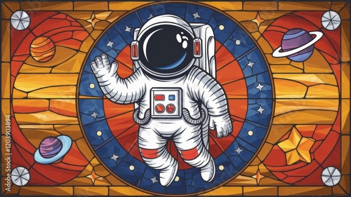 Astronaut Cartoon Stained Glass Vector Illustration Generative AI