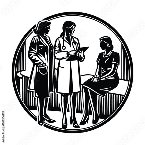 Two doctors are advice with  a patient  and prescribe some medicines silhouette vector illustration 