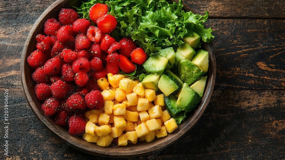 Vibrant Summer Fruit Salad with Avocado and Mango in a Wooden Bowl Vibrant Summer Fruit Salad with Avocado and Mango in a Wooden Bowl