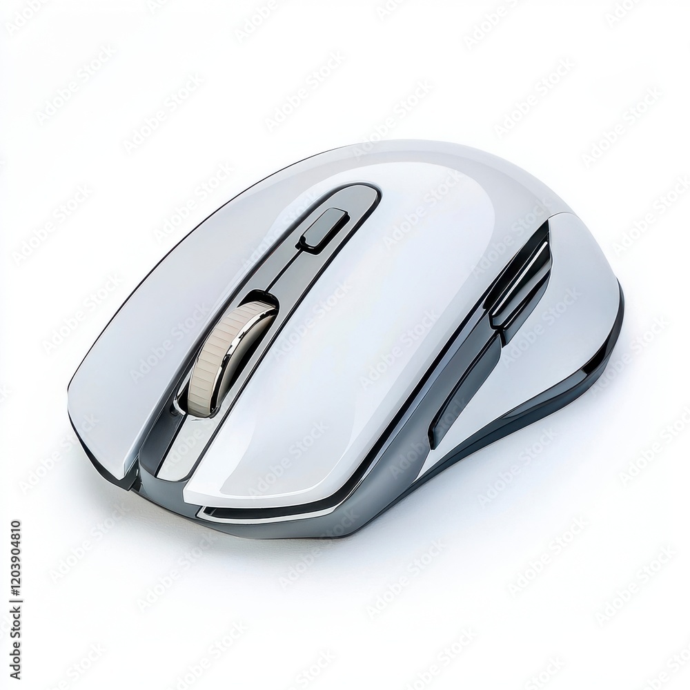 A sleek, modern computer mouse with a shiny surface, designed for ergonomic use and precision in navigation white background A sleek, modern computer mouse with a shiny surface, designed for ergonomic use and precision in navigation white background
