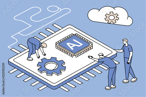 AI chip, microprocessor, tiny people, digital innovation, technological advancement, blue background, minimalist design, cartoon style, circuit patterns, cloud computing, data processing, futuristi