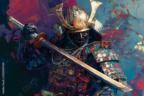 A samurai warrior in traditional Japanese armor, holding a katana, depicted with fine detail a?