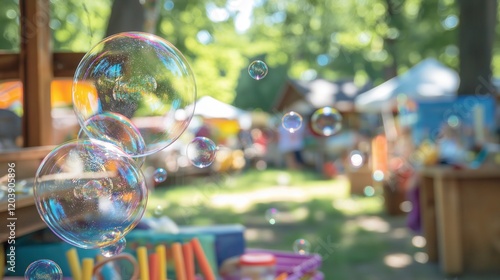Soap bubbles floating in the air at a summer flea market