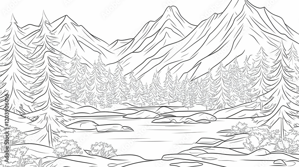 Serene mountain lake landscape, pine forest, tranquil scene, coloring page, nature illustration Serene mountain lake landscape, pine forest, tranquil scene, coloring page, nature illustration