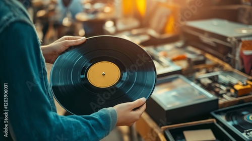 Hands holding a vinyl record at a flea market stall, kids at rummage sale