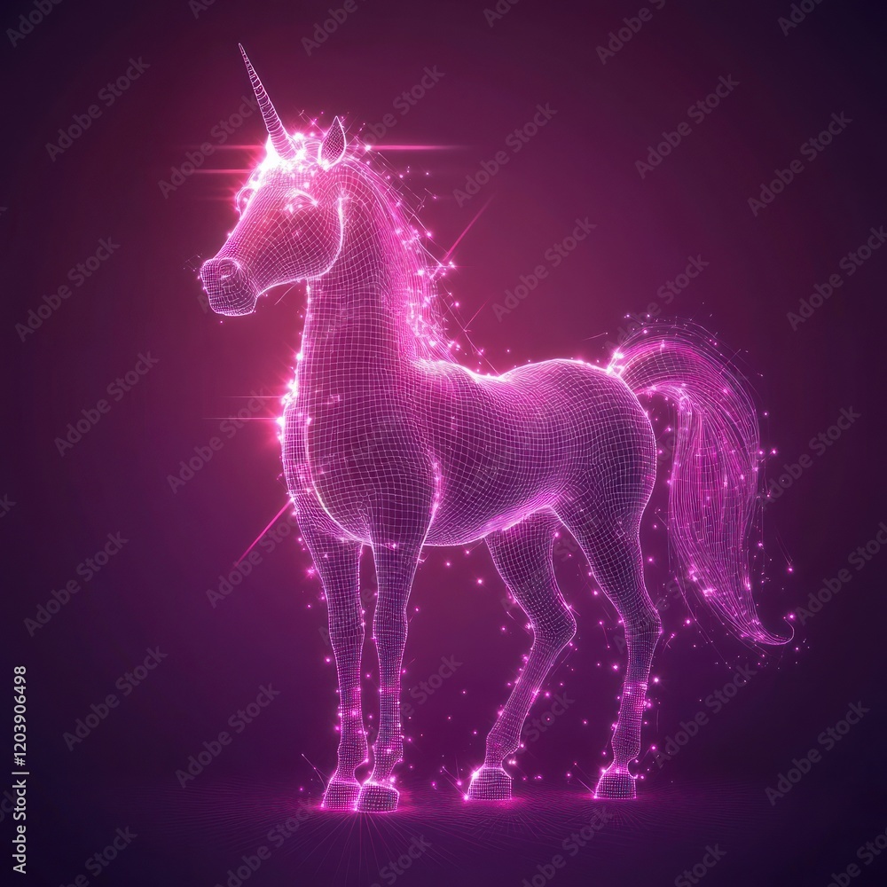 Fototapeta premium Digital unicorn, glowing, fantasy, art, use for children's books, posters, greetings cards