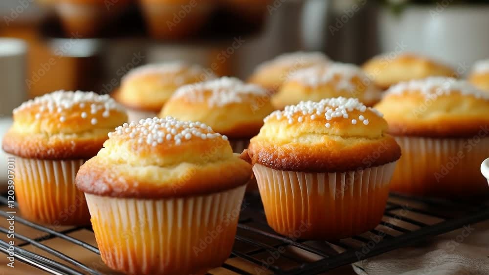 Golden homemade muffins with sugar sprinkles cooling on a wire rack in a cozy kitchen setting. Golden homemade muffins with sugar sprinkles cooling on a wire rack in a cozy kitchen setting.