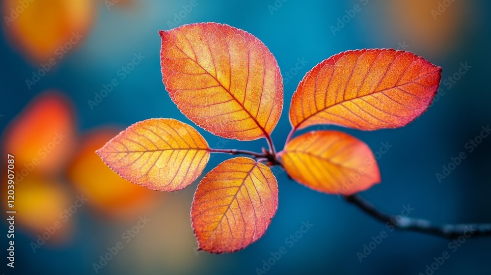 Obraz premium Captivating close-up showcasing vibrant orange and red autumn leaves against a soft blue background emphasizing the intricate details of the foliage