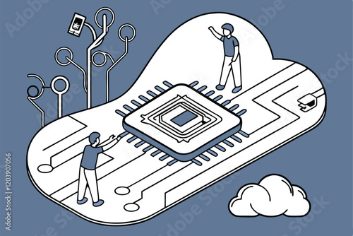 AI chip, microprocessor, tiny people, digital innovation, technological advancement, blue background, minimalist design, cartoon style, circuit patterns, cloud computing, data processing, futuristi