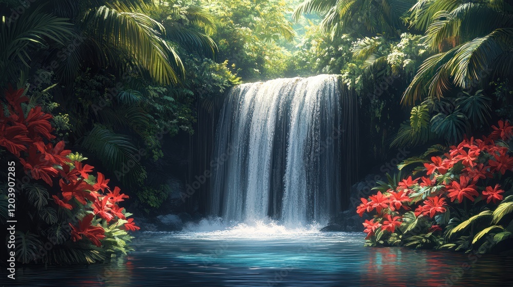 Obraz premium Serene waterfall cascading through lush tropical foliage, surrounded by vibrant flowers and tranquil pool