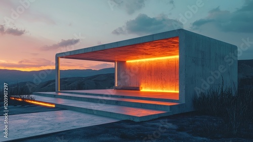 photorealistic minimalistic angular pavilion made of concrete and glowing resin details photo